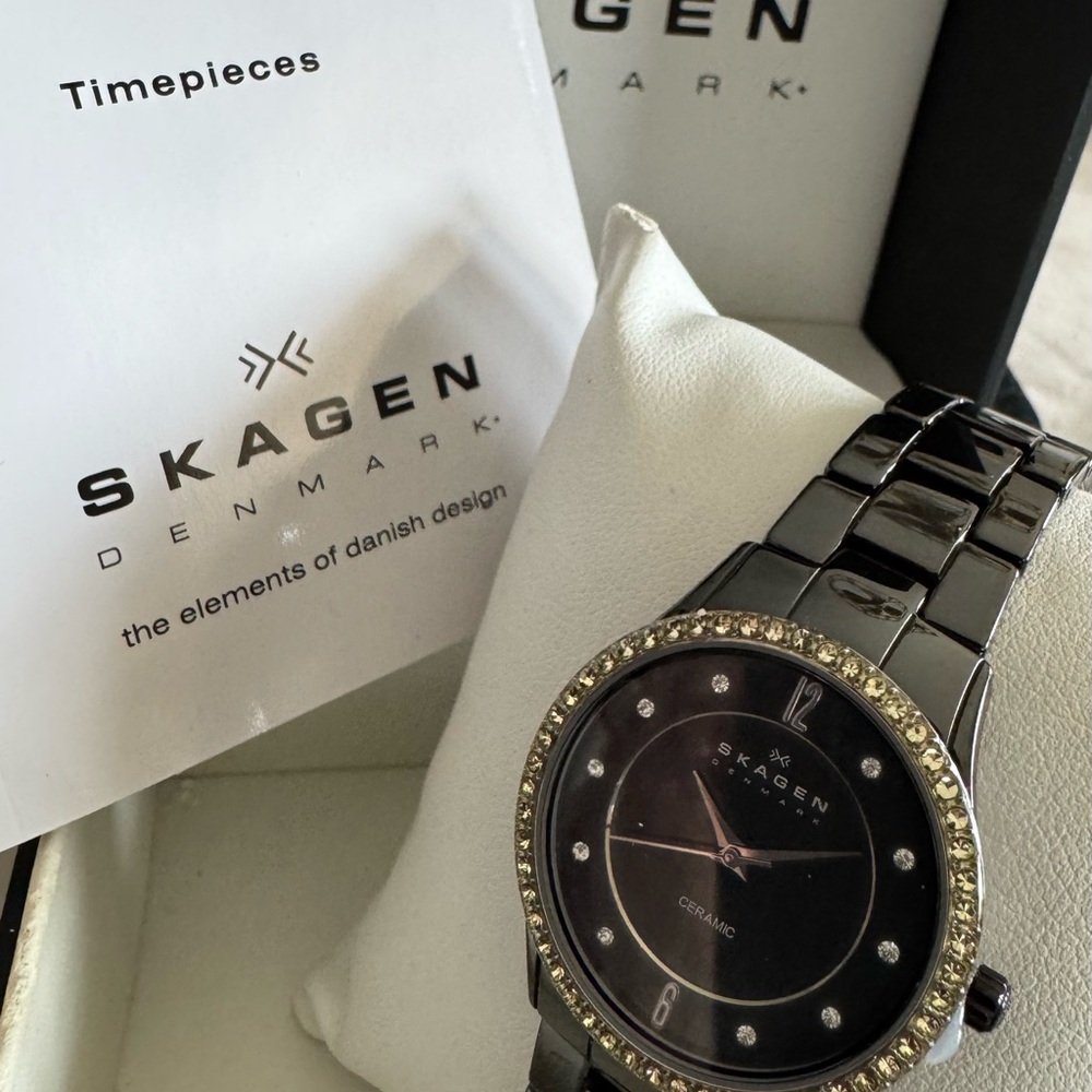 Skagen Of Denmark Black Ceramic Watch with Gold Crystals surrounding Round Bezel